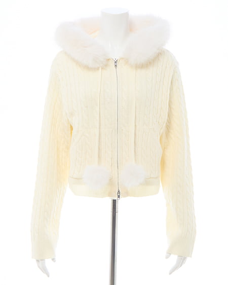 INGNI（イング） ポンポン付フェイクファーケーブルニットパーカー ｱｲﾎﾞﾘｰ