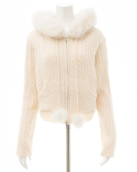 INGNI（イング） ポンポン付フェイクファーケーブルニットパーカー ｱｲﾎﾞﾘｰ/A