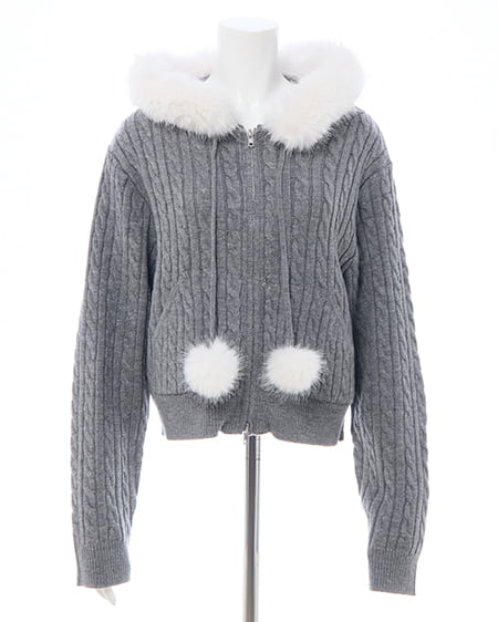 INGNI（イング） ポンポン付フェイクファーケーブルニットパーカー ｸﾞﾚｰ