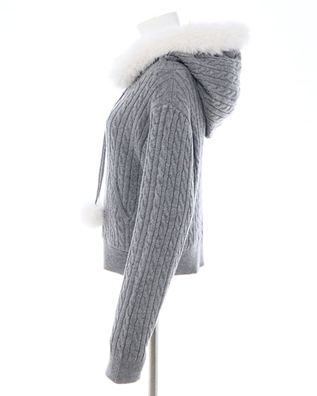 INGNI（イング） ポンポン付フェイクファーケーブルニットパーカー ｸﾞﾚｰ