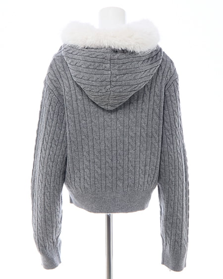 INGNI（イング） ポンポン付フェイクファーケーブルニットパーカー ｸﾞﾚｰ