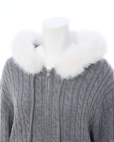 INGNI（イング） ポンポン付フェイクファーケーブルニットパーカー ｸﾞﾚｰ