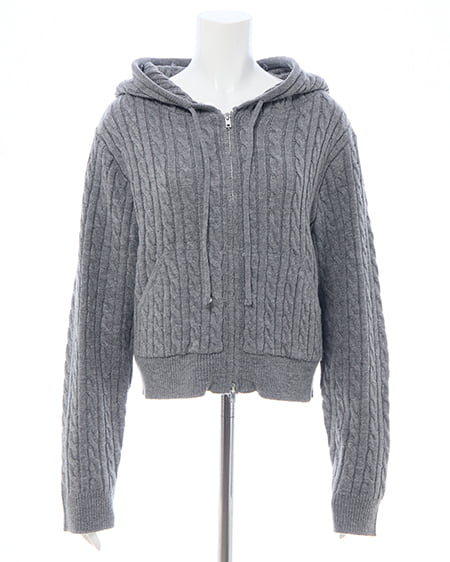 INGNI（イング） ポンポン付フェイクファーケーブルニットパーカー ｸﾞﾚｰ