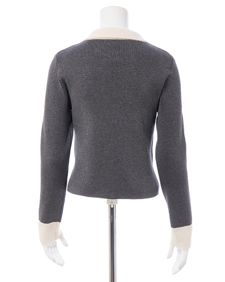 INGNI（イング） フェザー襟リブニットカーディガン ﾁｬｺｰﾙｸﾞﾚｰ/ｵﾌﾎﾜｲﾄ