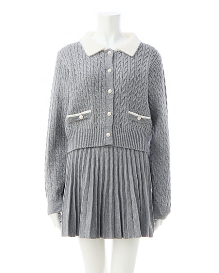 INGNI（イング） フェザー襟ケーブルニットカーディガン＋ニットスカパン／セット ｸﾞﾚｰ/ｵﾌﾎﾜｲﾄA