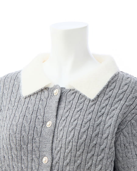 INGNI（イング） フェザー襟ケーブルニットカーディガン＋ニットスカパン／セット ｸﾞﾚｰ/ｵﾌﾎﾜｲﾄA