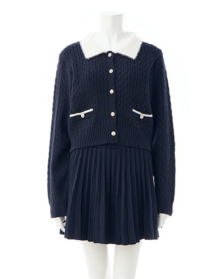 INGNI（イング） フェザー襟ケーブルニットカーディガン＋ニットスカパン／セット ｺﾝ/ｵﾌﾎﾜｲﾄA