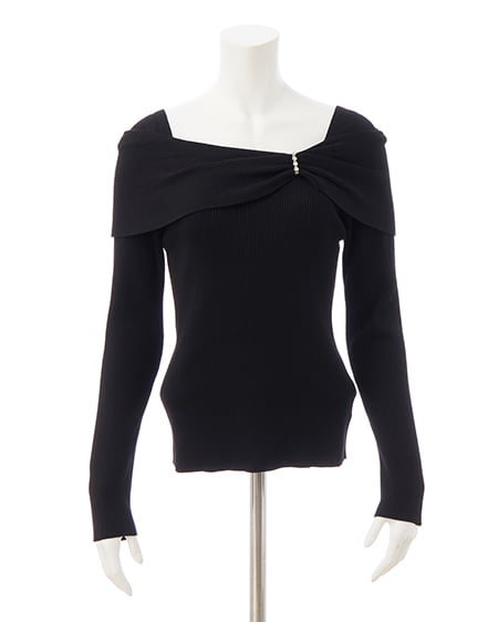 INGNI（イング） オフショルリボンビジューパーツリブニット ｸﾛ