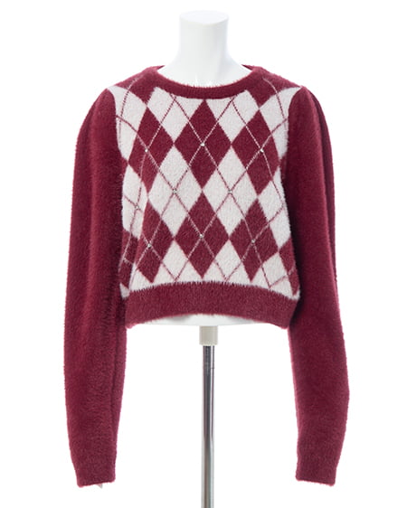 INGNI(イング) ビジュー付アーガイル柄フェザーニット ボルドー/オフホワイト