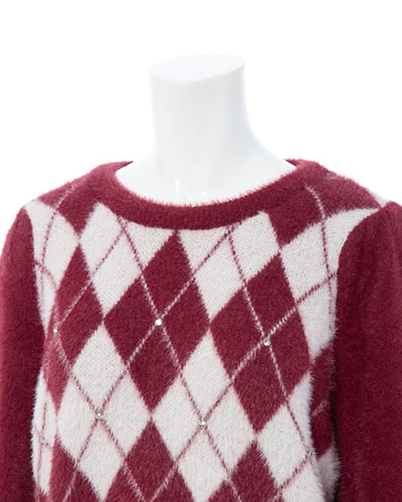 INGNI(イング) ビジュー付アーガイル柄フェザーニット ボルドー/オフホワイト