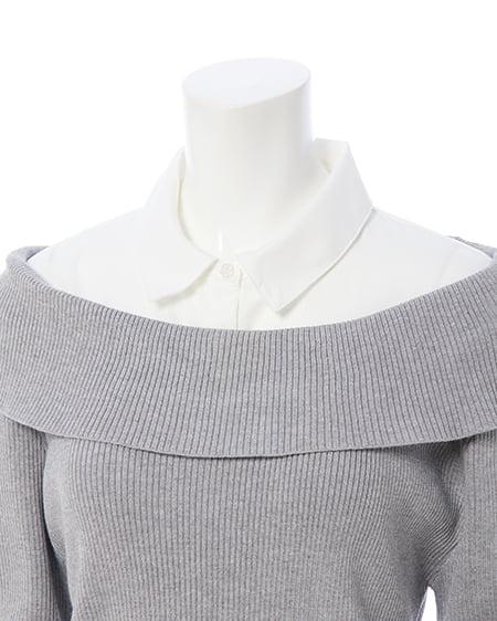 INGNI(イング) シャツレイヤード風リブオフショルニット グレー/オフホワイト