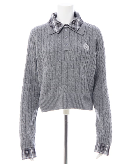 INGNI(イング) ダブルカラーチェック柄シャツドッキングポロニット グレー/クロ