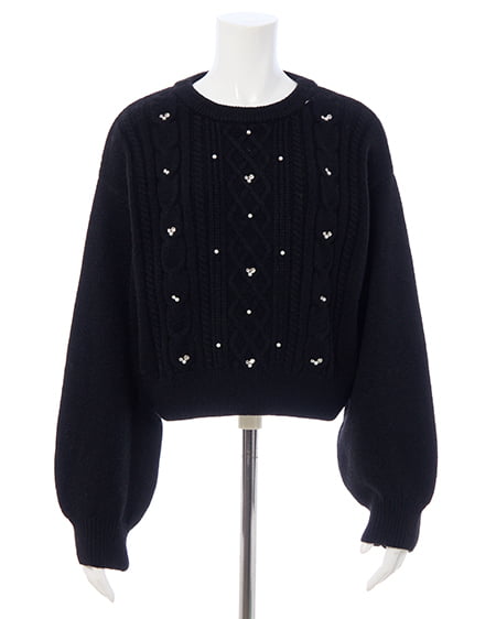 INGNI(イング) ビジューパール付きもちもちケーブルニット クロ