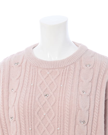 INGNI(イング) ビジューパール付きもちもちケーブルニット ピンク