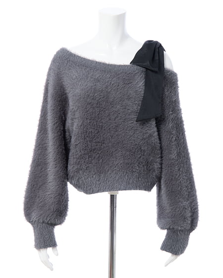 INGNI（イング） 肩リボンワンショルフェザーニット ｸﾞﾚｰ/ｸﾛ