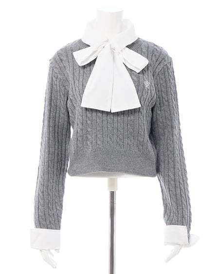 INGNI（イング） ボウタイシャツドッキングケーブルニット ｸﾞﾚｰ/ｵﾌﾎﾜｲﾄ