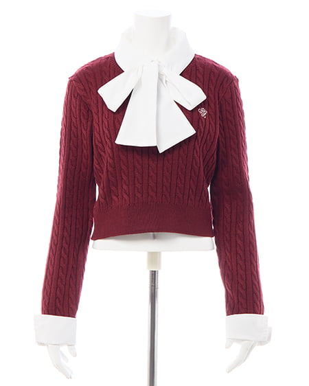 INGNI(イング) ボウタイシャツドッキングケーブルニット ボルドー/オフホワイト