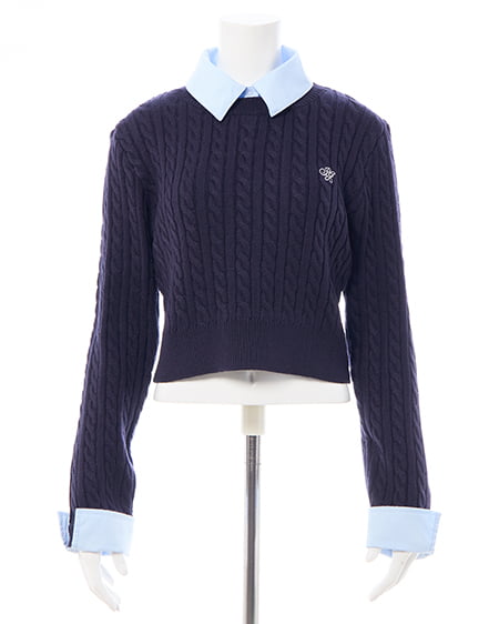 INGNI（イング） ボウタイシャツドッキングケーブルニット ｺﾝ/ﾌﾞﾙｰ