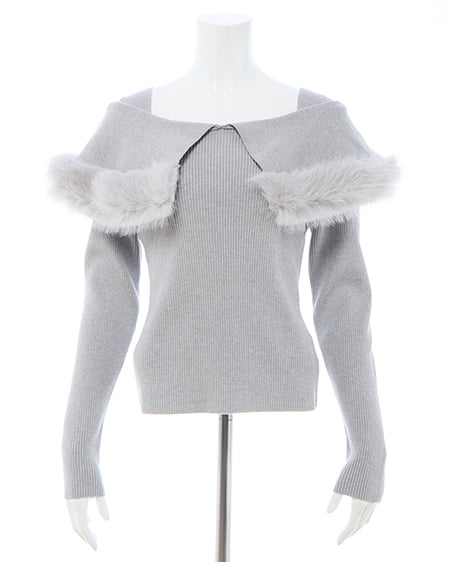 INGNI(イング) フェイクファー付ケープオフショルニット グレー