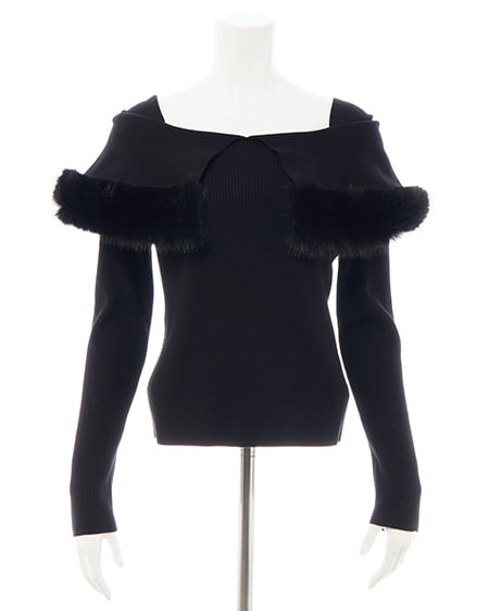 INGNI(イング) フェイクファー付ケープオフショルニット クロ