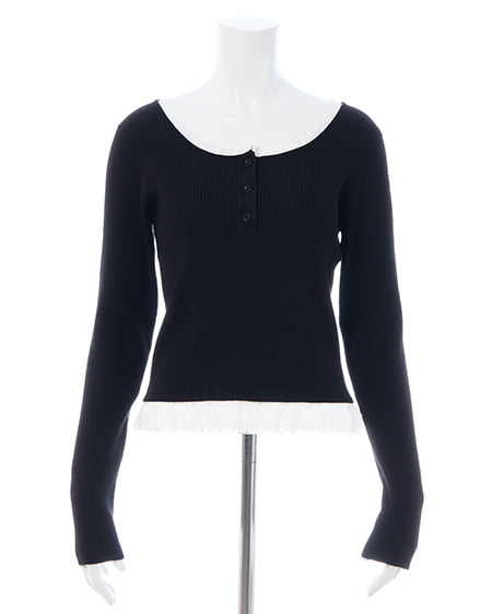 INGNI（イング） フリルレース付ヘンリーネックニット ｸﾛ