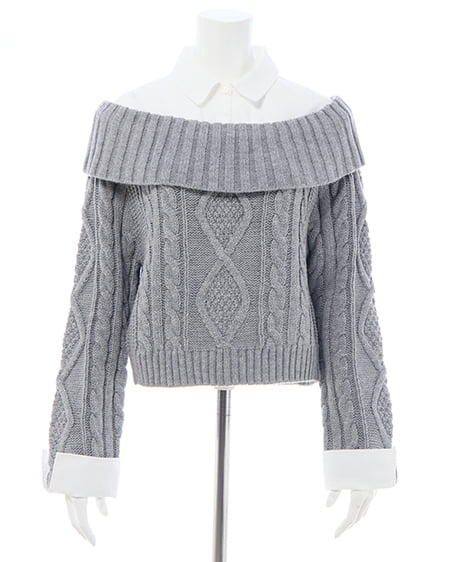 INGNI（イング） シャツレイヤード風ケーブルオフショルニット ｸﾞﾚｰ/ｵﾌﾎﾜｲﾄ