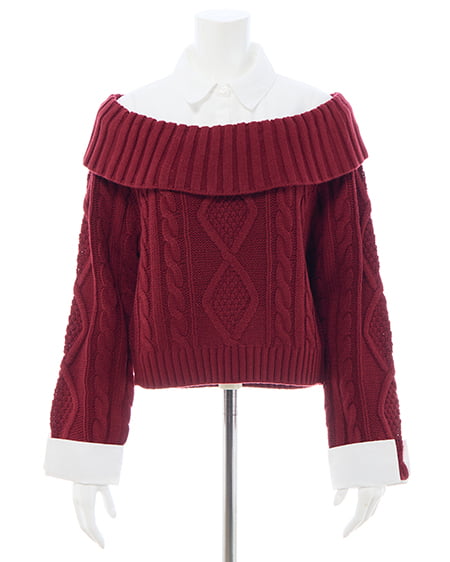 INGNI（イング） シャツレイヤード風ケーブルオフショルニット ﾎﾞﾙﾄﾞｰ/ｵﾌﾎﾜｲﾄ