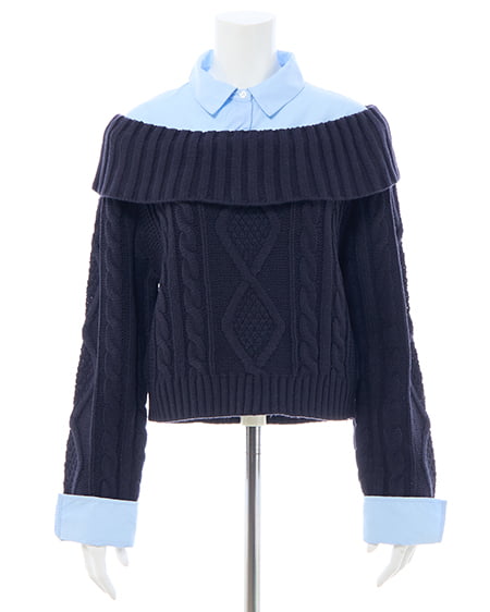 INGNI（イング） シャツレイヤード風ケーブルオフショルニット ｺﾝ/ﾌﾞﾙｰ