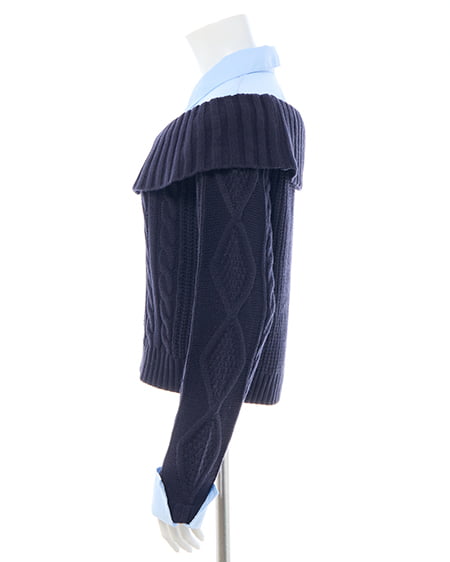 INGNI（イング） シャツレイヤード風ケーブルオフショルニット ｺﾝ/ﾌﾞﾙｰ