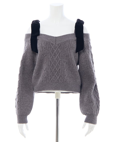 INGNI（イング） 2Wayベロアリボンオフショルケーブルニット ﾁｬｺｰﾙｸﾞﾚｰ