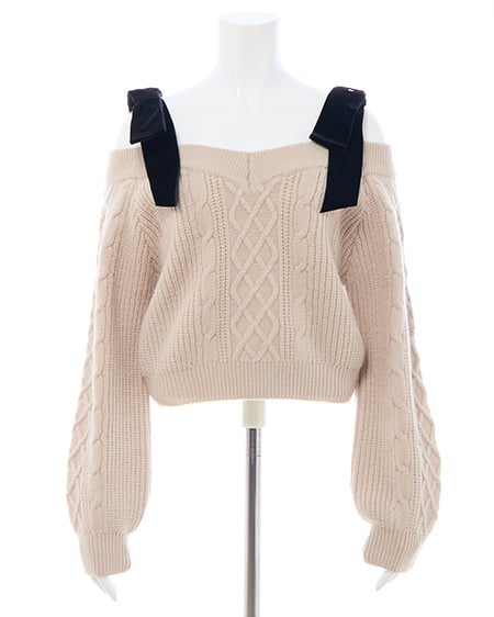 INGNI（イング） 2Wayベロアリボンオフショルケーブルニット ﾍﾞｰｼﾞｭ