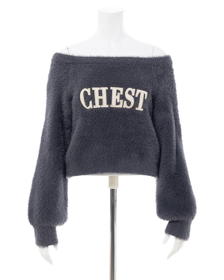 INGNI（イング） オフショルレザーロゴ貼付シャギーニット ﾁｬｺｰﾙｸﾞﾚｰ/ｵﾌﾎﾜｲﾄ