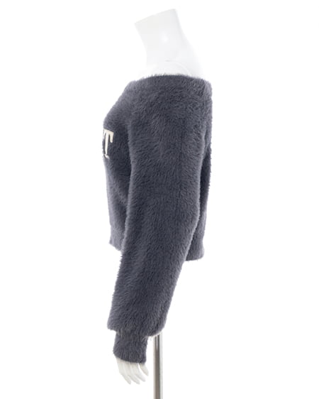 INGNI（イング） オフショルレザーロゴ貼付シャギーニット ﾁｬｺｰﾙｸﾞﾚｰ/ｵﾌﾎﾜｲﾄ