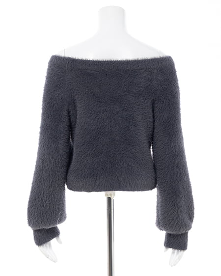 INGNI（イング） オフショルレザーロゴ貼付シャギーニット ﾁｬｺｰﾙｸﾞﾚｰ/ｵﾌﾎﾜｲﾄ