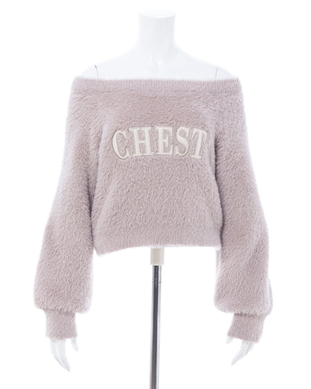 INGNI(イング) オフショルレザーロゴ貼付シャギーニット ピンクベージュ/オフホワイト