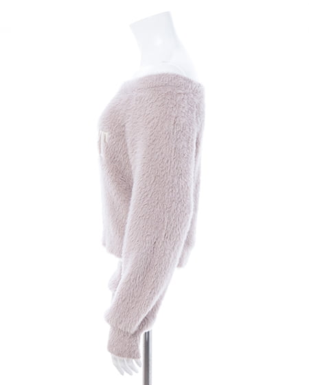 INGNI(イング) オフショルレザーロゴ貼付シャギーニット ピンクベージュ/オフホワイト