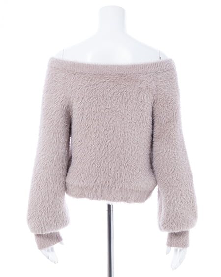 INGNI(イング) オフショルレザーロゴ貼付シャギーニット ピンクベージュ/オフホワイト