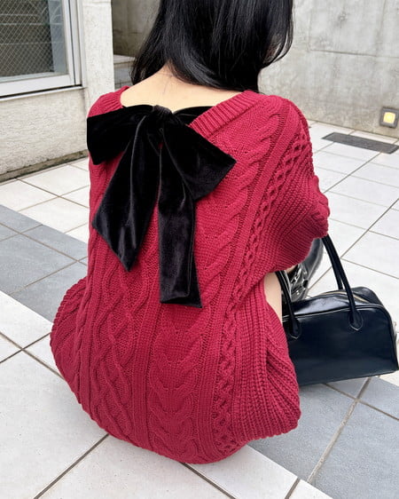 バックベロアリボンケーブルチュニックニット