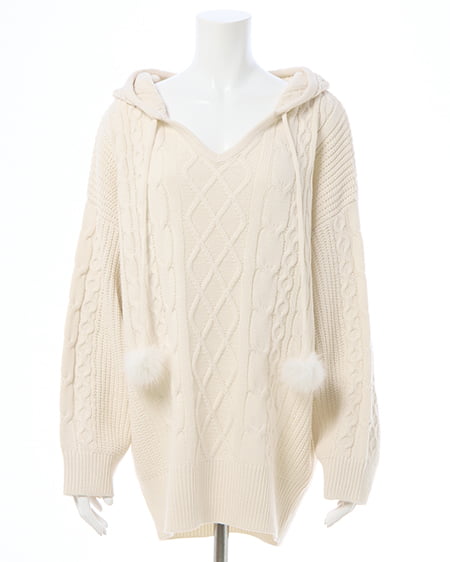 INGNI(イング) ポンポン付ケーブルチュニックニットパーカー アイボリー