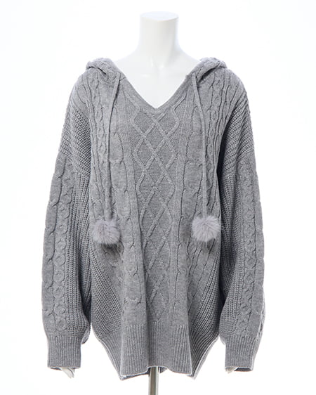 INGNI（イング） ポンポン付ケーブルチュニックニットパーカー ｸﾞﾚｰ