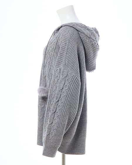 INGNI（イング） ポンポン付ケーブルチュニックニットパーカー ｸﾞﾚｰ