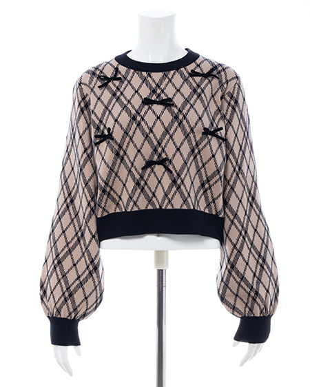 INGNI(イング) チェック柄ジャガードリボンニット ベージュ/クロ