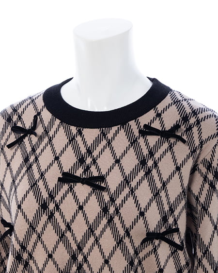 INGNI(イング) チェック柄ジャガードリボンニット ベージュ/クロ