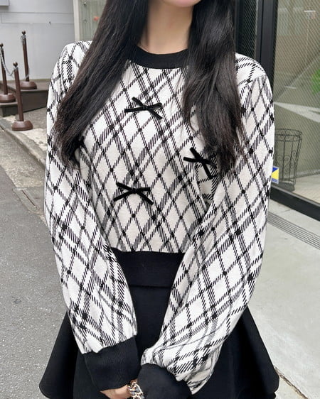 チェック柄ジャガードリボンニット