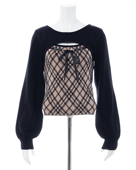 INGNI（イング） チェック柄デコルテオープンニット ﾍﾞｰｼﾞｭｸﾛ/ﾁｪｯｸ