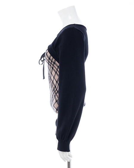 INGNI（イング） チェック柄デコルテオープンニット ﾍﾞｰｼﾞｭｸﾛ/ﾁｪｯｸ