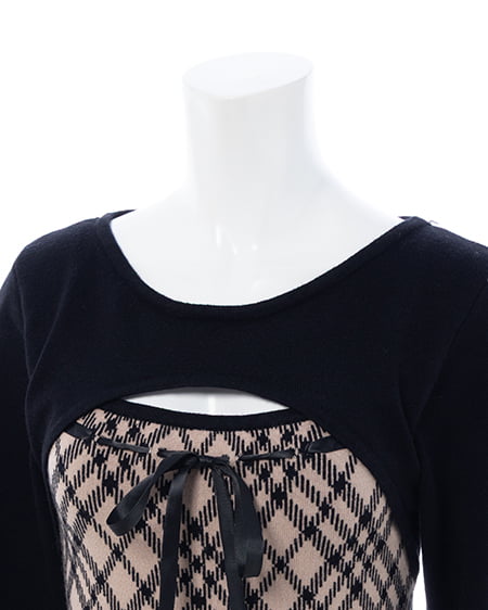 INGNI（イング） チェック柄デコルテオープンニット ﾍﾞｰｼﾞｭｸﾛ/ﾁｪｯｸ