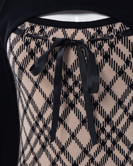 INGNI（イング） チェック柄デコルテオープンニット ﾍﾞｰｼﾞｭｸﾛ/ﾁｪｯｸ