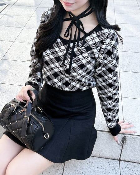 クロスチョーカーチェック柄長袖ニット
