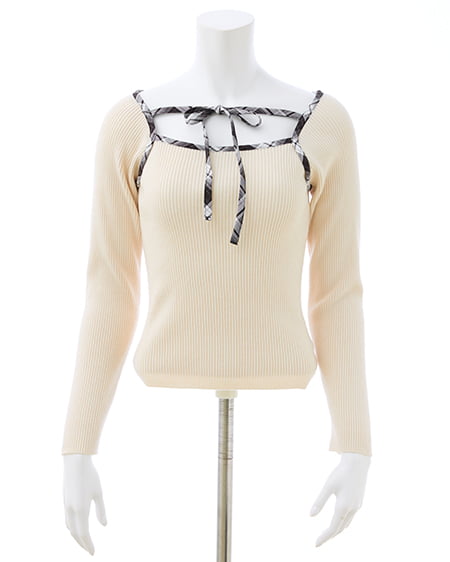 INGNI（イング） チェック柄配色デコルテリボンニット ｵﾌﾎﾜｲﾄ/ｸﾛﾁｪｯｸ